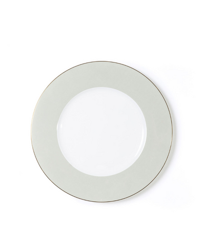 dinner plate with sage rim and thin gold trim