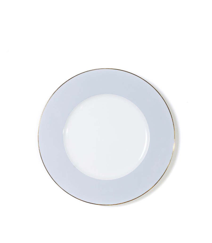 salad plate with blue rim and thin gold trim