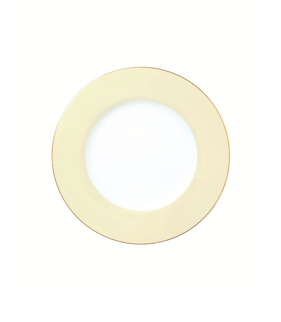salad plate with light yellow rim and thin gold trim