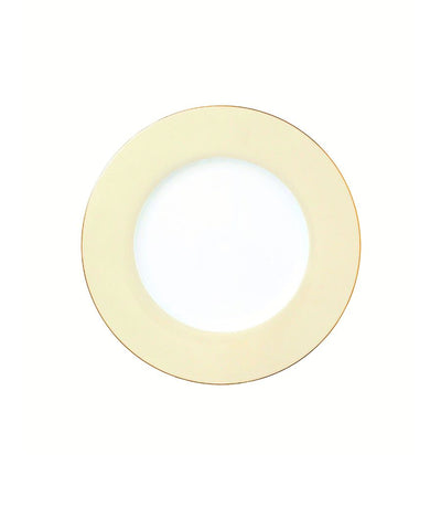 salad plate with light yellow rim and thin gold trim
