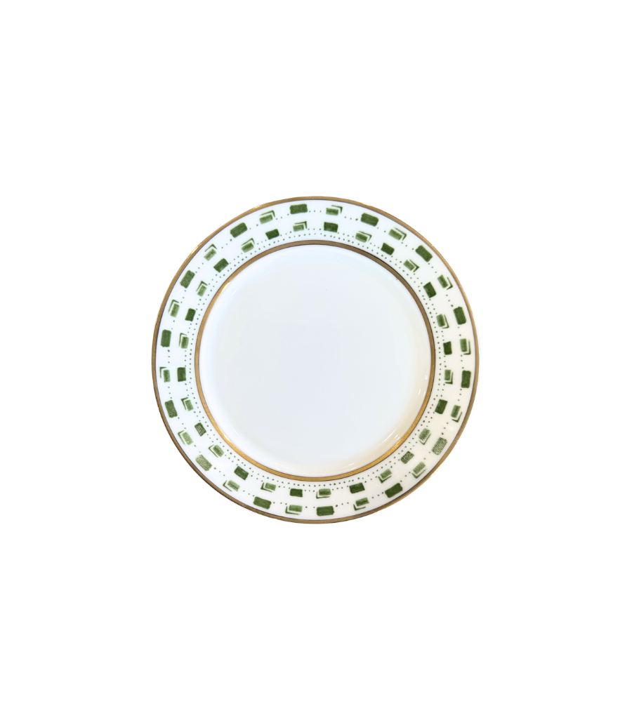 decorative bread plate with green pattern and gold trim