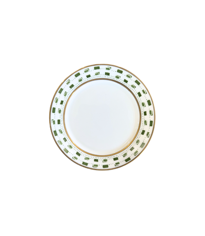 decorative bread plate with green pattern and gold trim