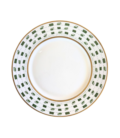decorative charger plate with green pattern and gold trim
