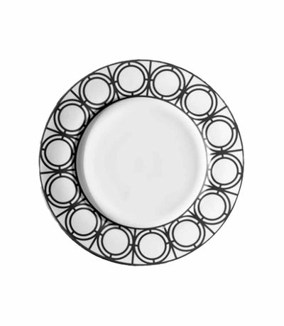 white dinner plate with black geometric patterned rim