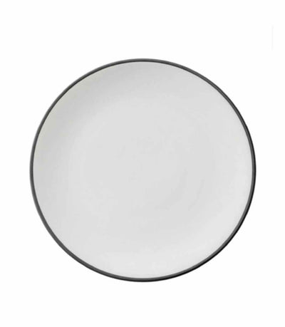 white porcelain charger plate with thin black trim