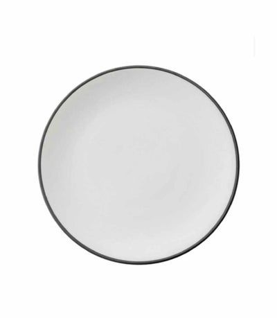 white porcelain dinner plate with thin black trim