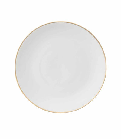 white porcelain dinner plate with thin gold trim