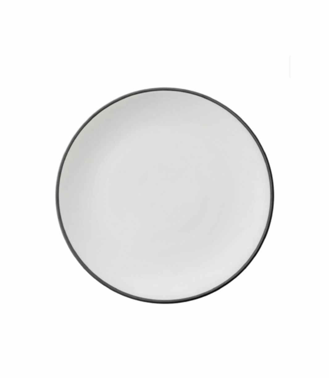 white porcelain salad plate with thin black trim