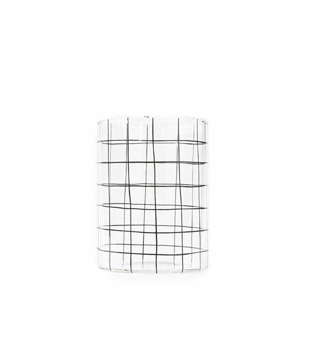 clear water glass with black organic checkered pattern 