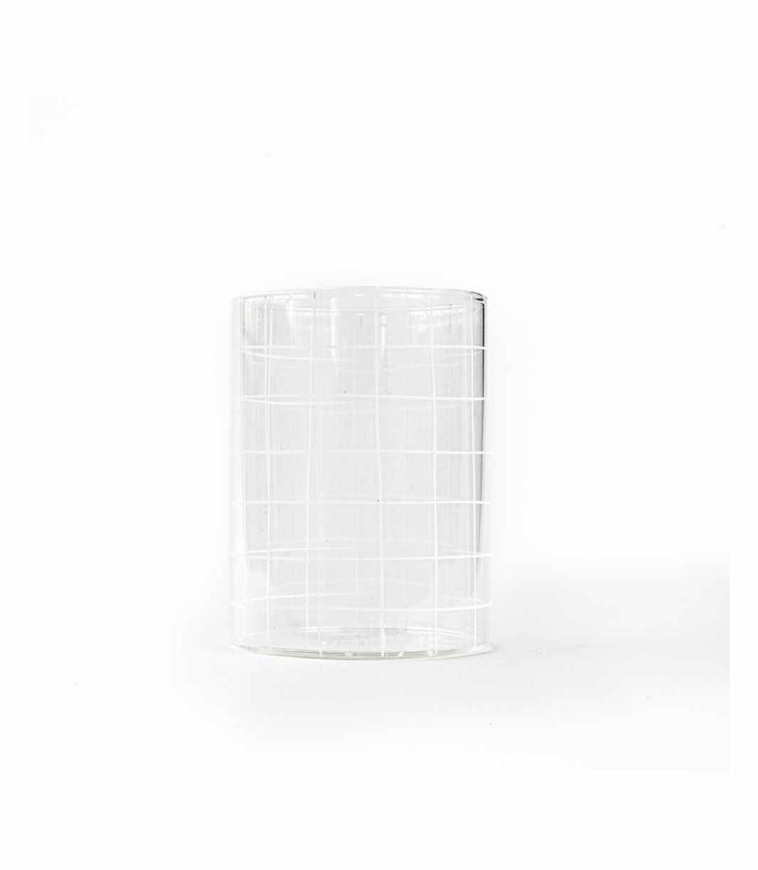 clear water glass with white organic checkered pattern 
