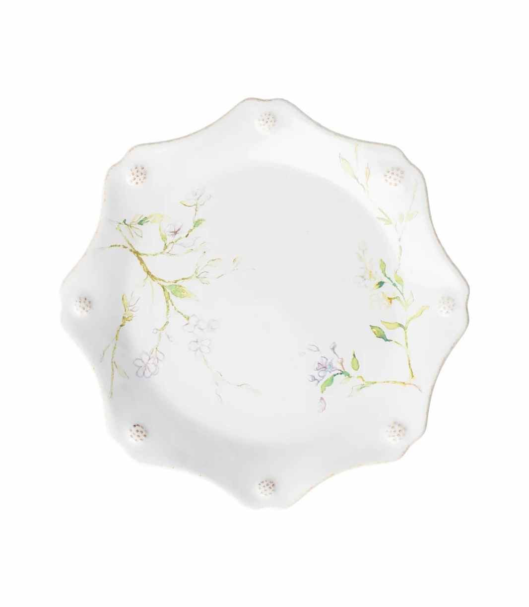 white salad plate with floral sketch design and unique shape