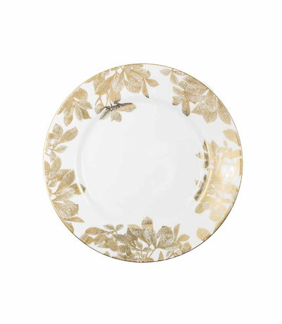 white dinner plate with gold leaf floral rim