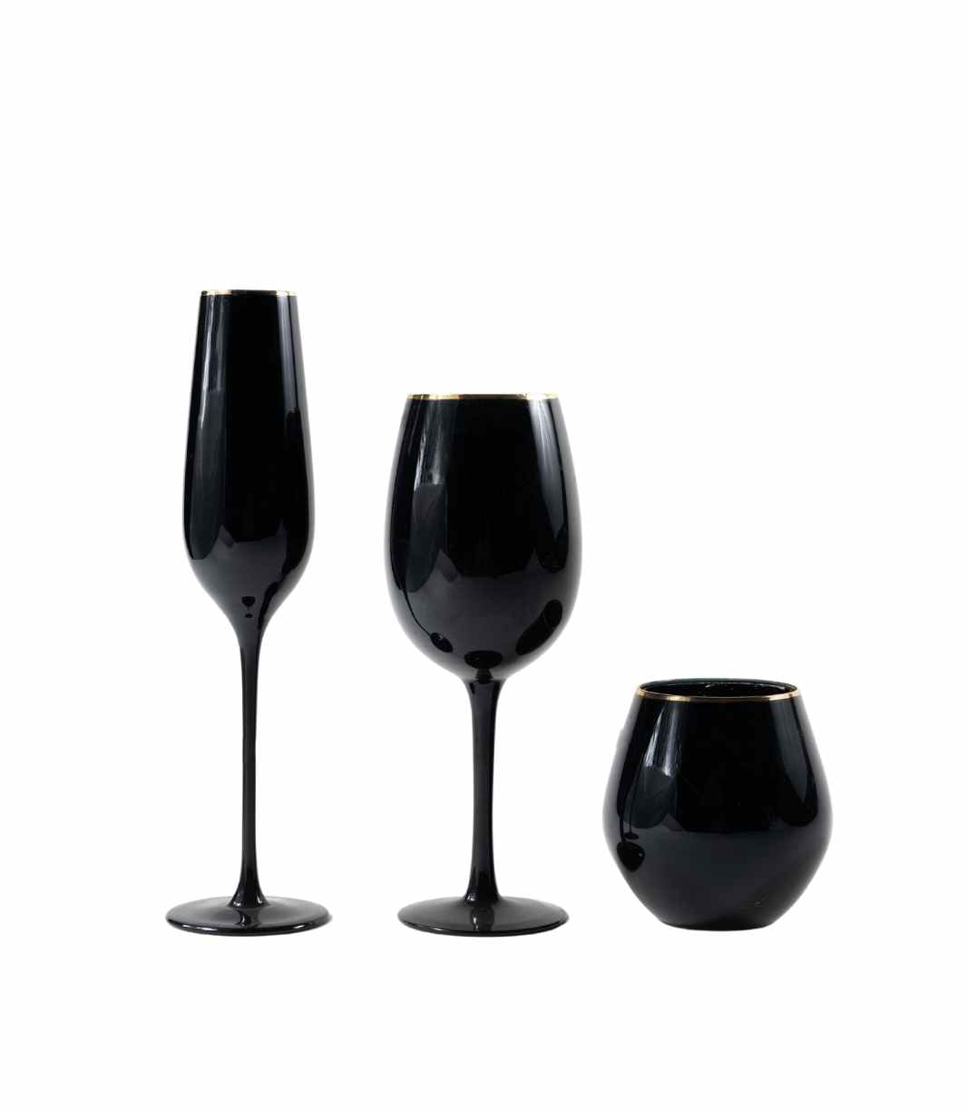 black glassware with a gold rim