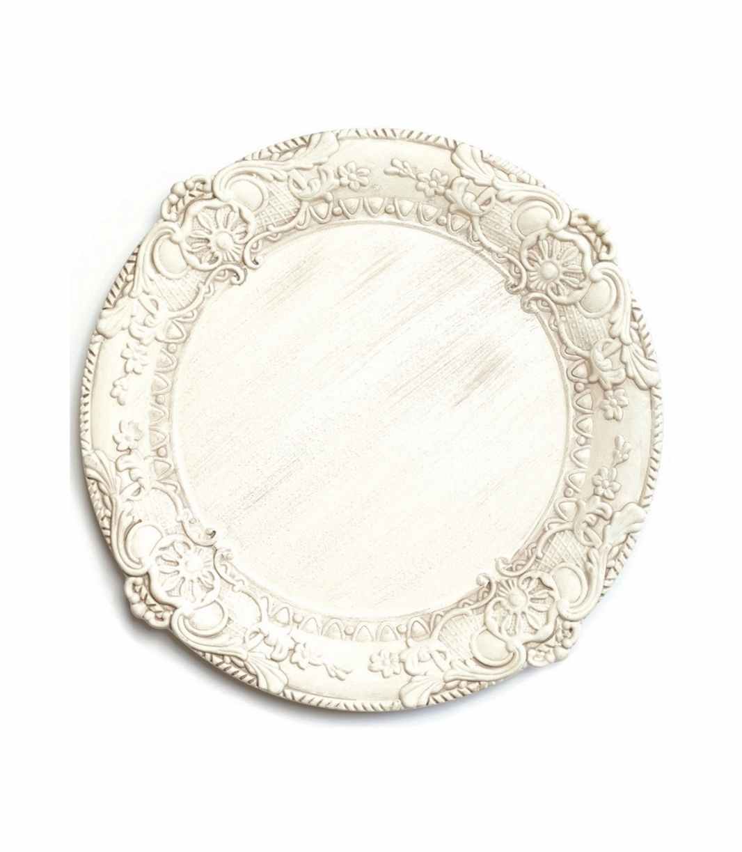 white ornate wooden charger plate