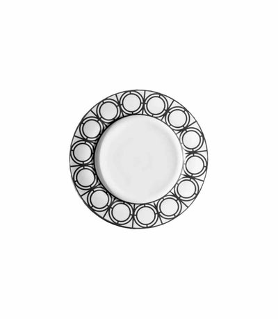 white bread plate with black geometric patterned rim