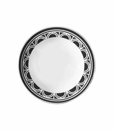 white salad plate with black geometric patterned rim