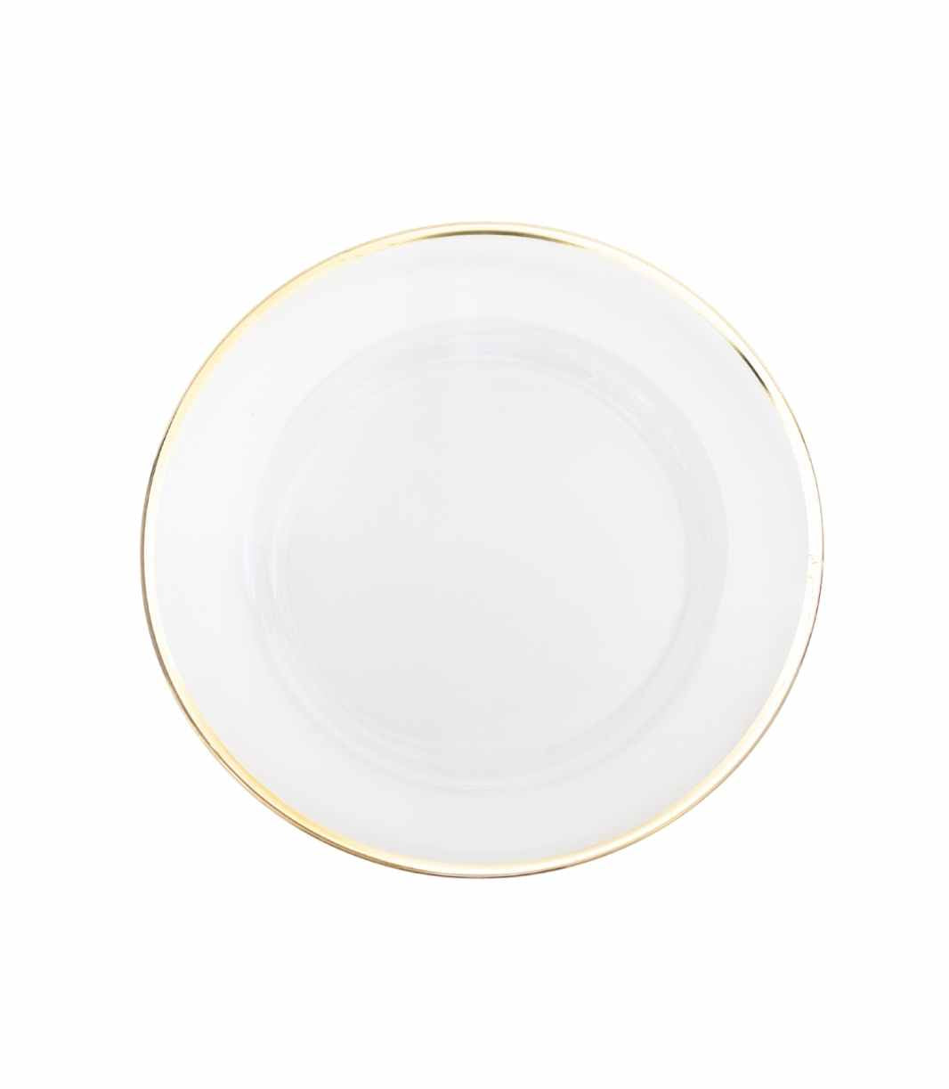 clear glass charger plate with thin gold trim