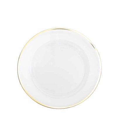 clear glass charger plate with thin gold trim