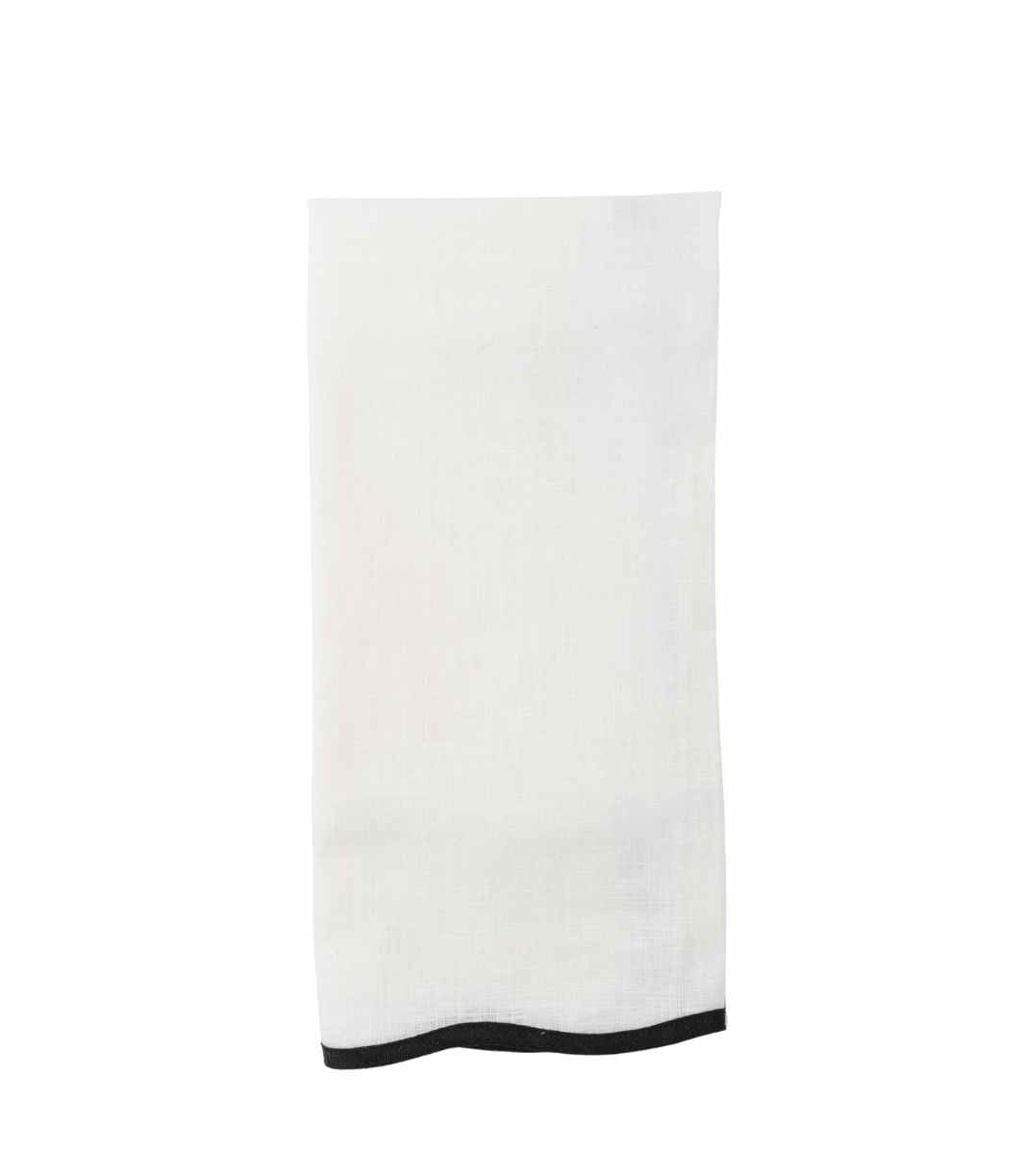 white linen napkin with black trim scalloped edge 