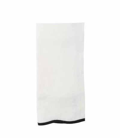 white linen napkin with black trim scalloped edge 
