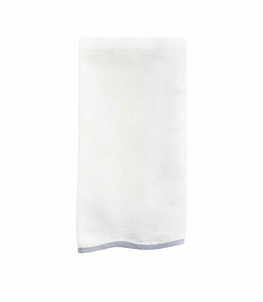 white linen napkin with light blue trim scalloped edge 