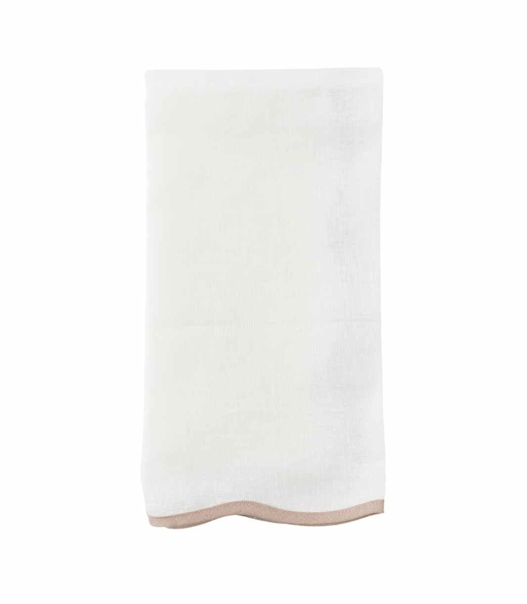white linen napkin with nude trim scalloped edge 