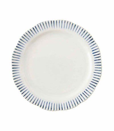 Ceramic dinner plate with radiant blue stripe rim